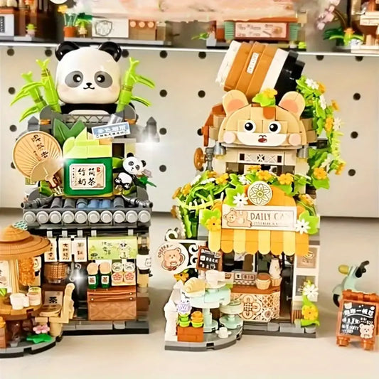 1077pcs Little Bear Coffee Shop & 860pcs Panda Tea House - Charming Mini Building Blocks Set
