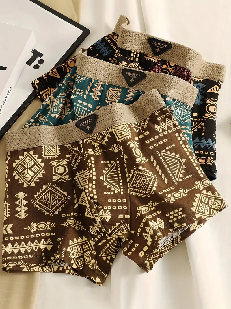 3pcs Men's Retro Geometric Print Boxer Briefs