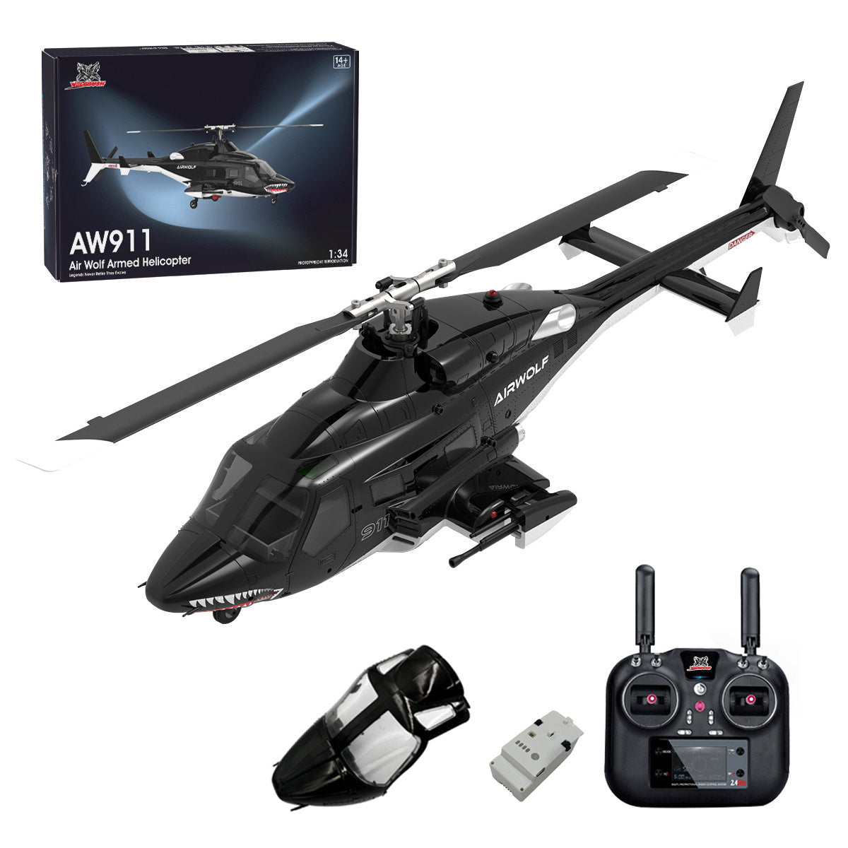 WOLFBUSH AW-911 Airwolf 1/34 Scale 2.4G 9CH Flybarless RC Helicopter Model with 6G/3D Stunt Mode and GPS Positioning (RTF Version/ Mode 1/Mode 2 Switchable)