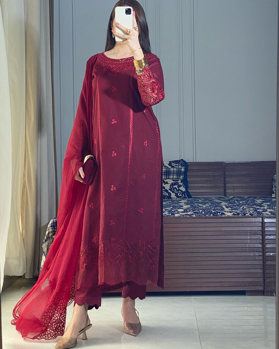 Chiffon Embroidered Dress - Majesty Wine
