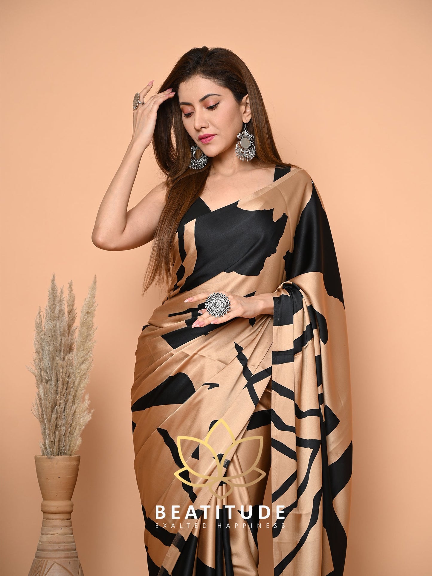 Brown Printed Satin Crepe Saree