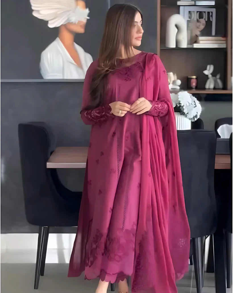 Chiffon Embroidered Dress - Majesty Wine