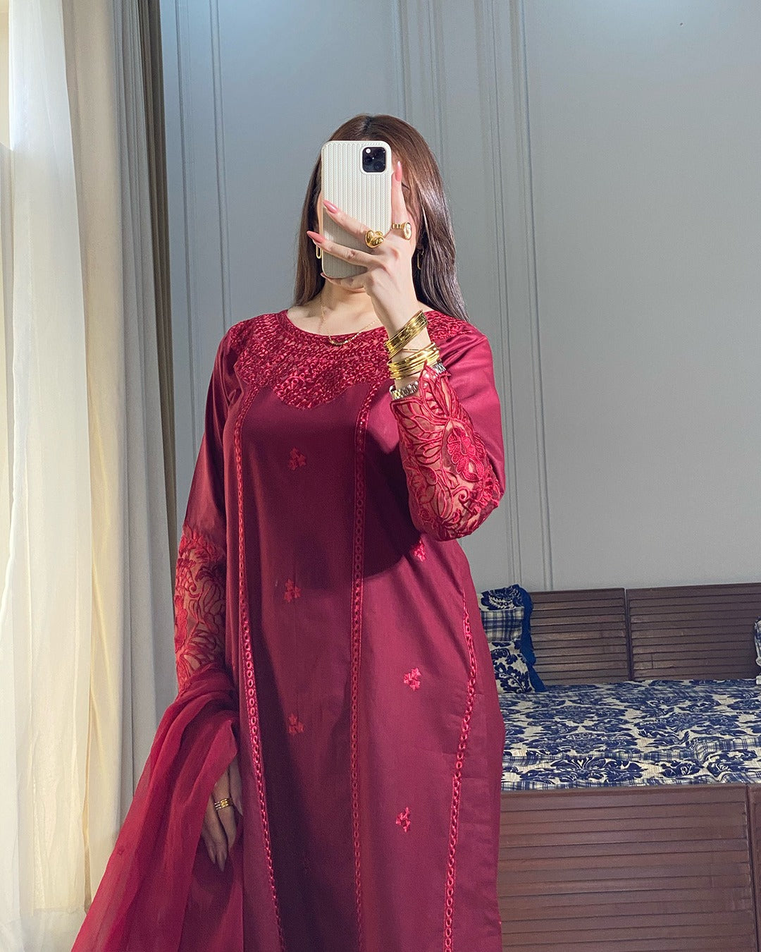 Chiffon Embroidered Dress - Majesty Wine