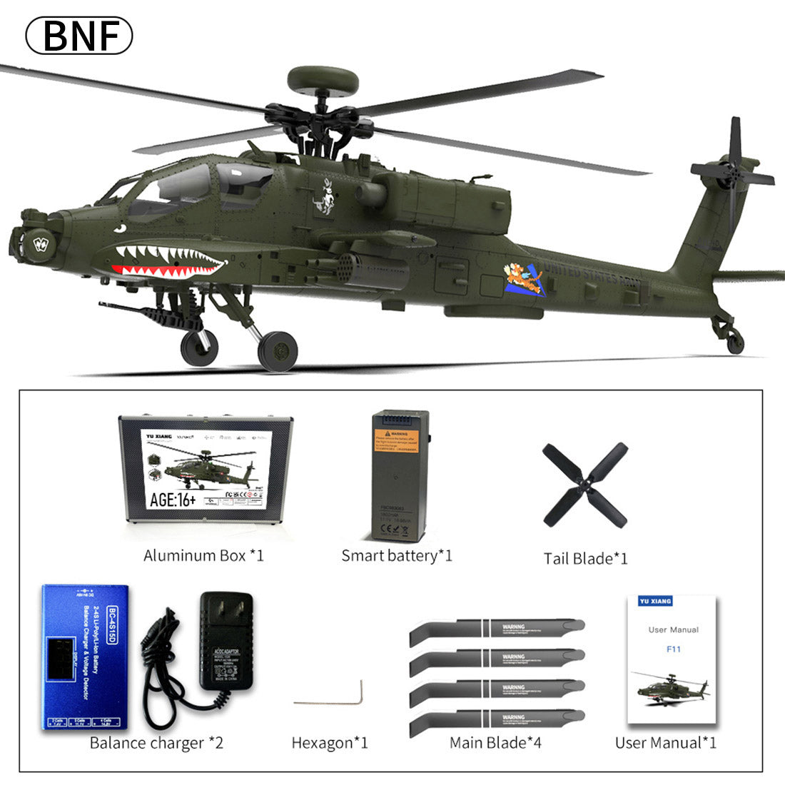 YU XIANG F11 AH64 Apache RC Helicopter 1/32 Ratio 2.4G Remote-controlled Dual-axis Co-drive without Ailerons 6G/3D Stunt Military Model