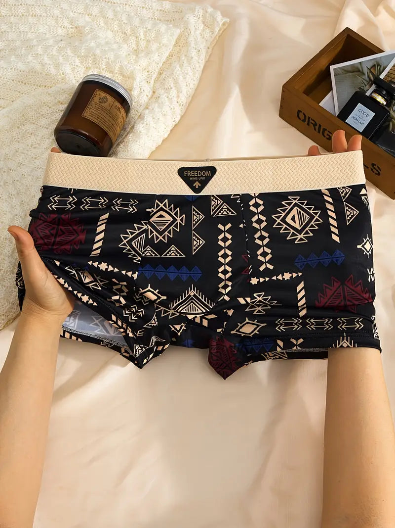 Men’s Ice-Silky Boxer Briefs – 5-Pack Mixed Colors with Geometric Prints