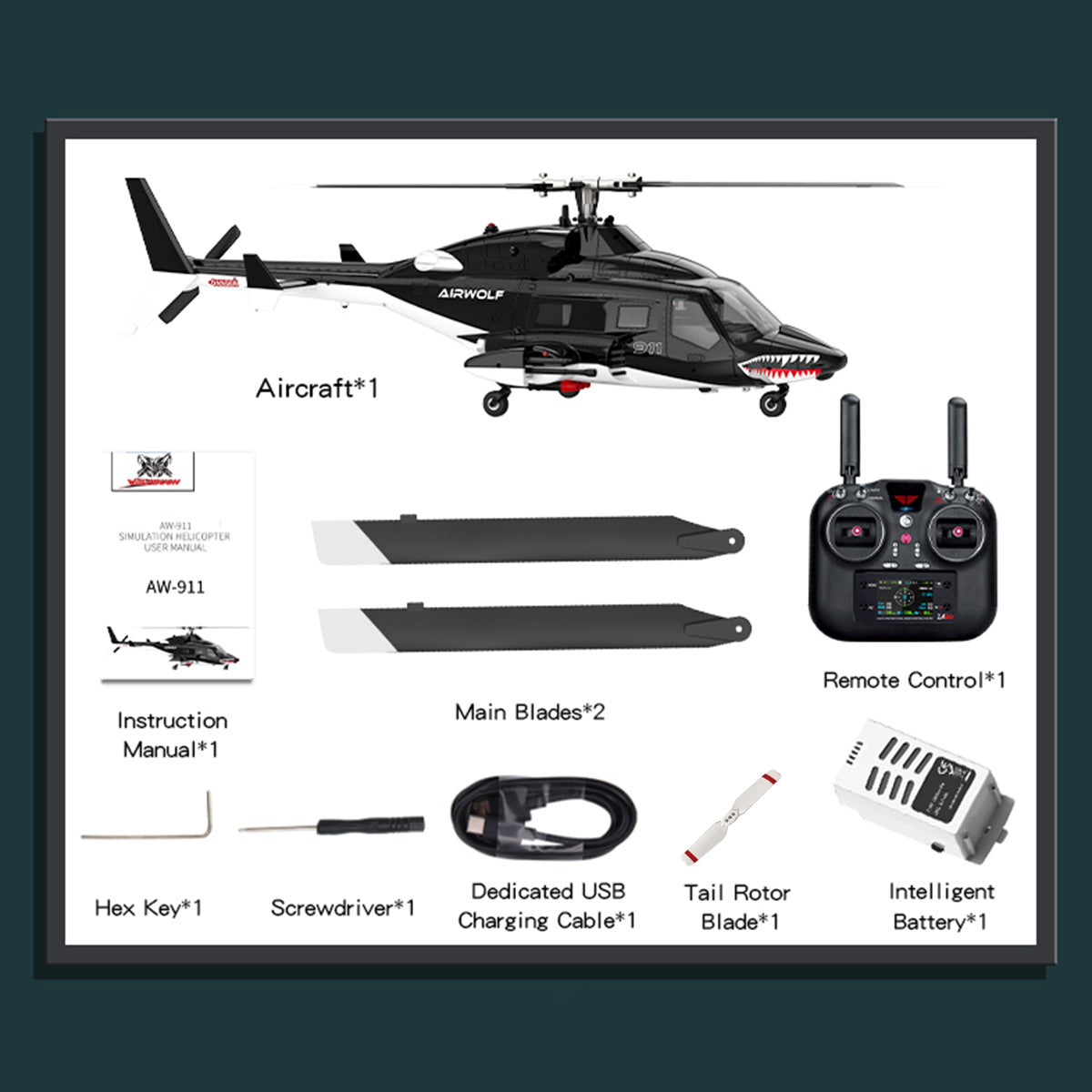 WOLFBUSH AW-911 Airwolf 1/34 Scale 2.4G 9CH Flybarless RC Helicopter Model with 6G/3D Stunt Mode and GPS Positioning (RTF Version/ Mode 1/Mode 2 Switchable)