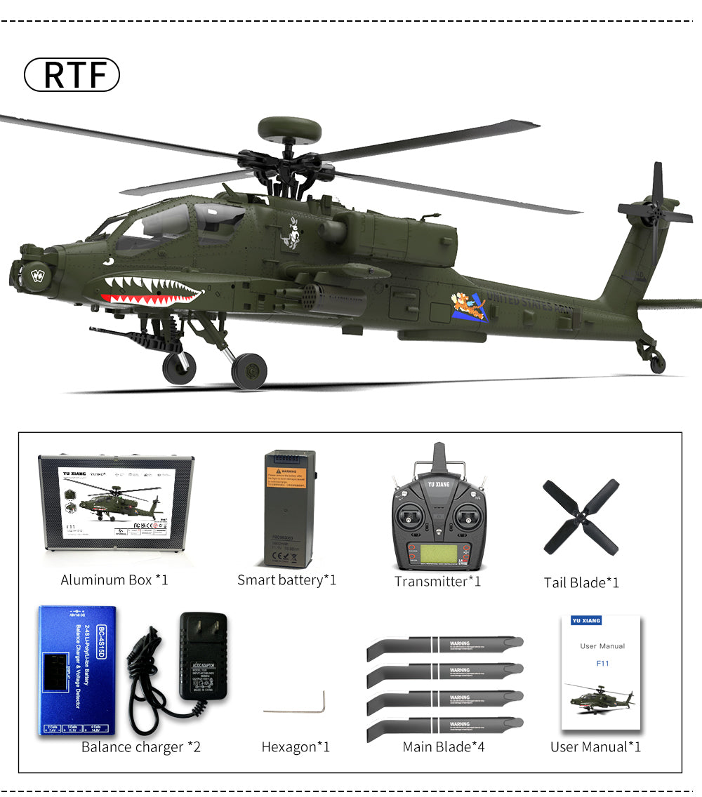 YU XIANG F11 AH64 Apache RC Helicopter 1/32 Ratio 2.4G Remote-controlled Dual-axis Co-drive without Ailerons 6G/3D Stunt Military Model