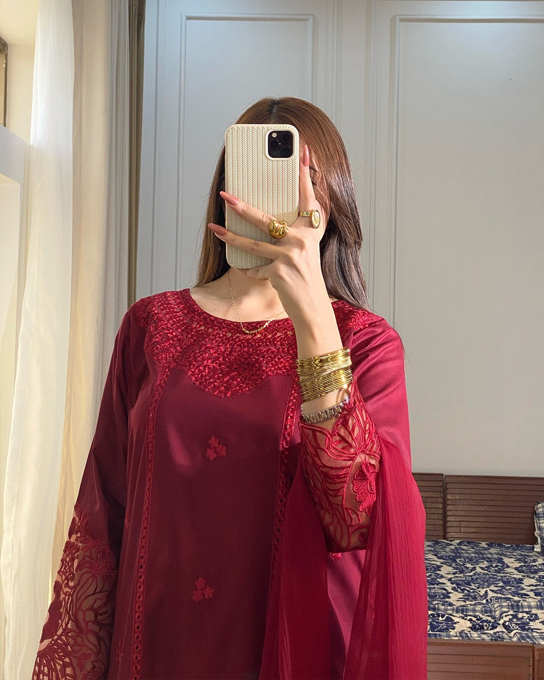 Chiffon Embroidered Dress - Majesty Wine