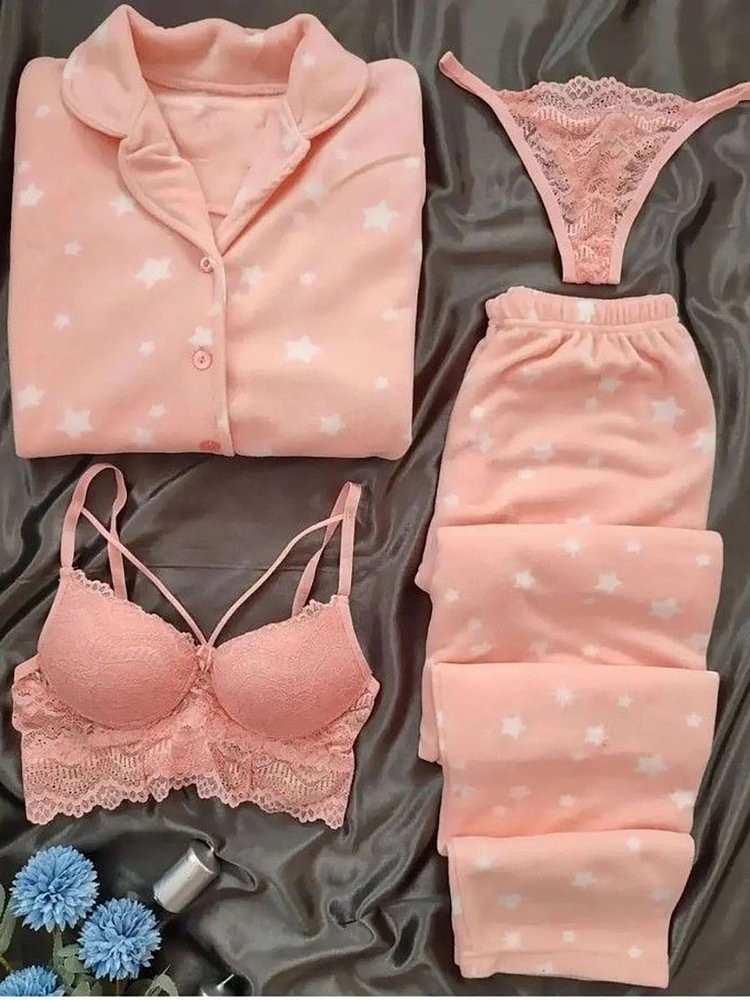Orange Love Bird Night Suit & Bra Penty Set Combo