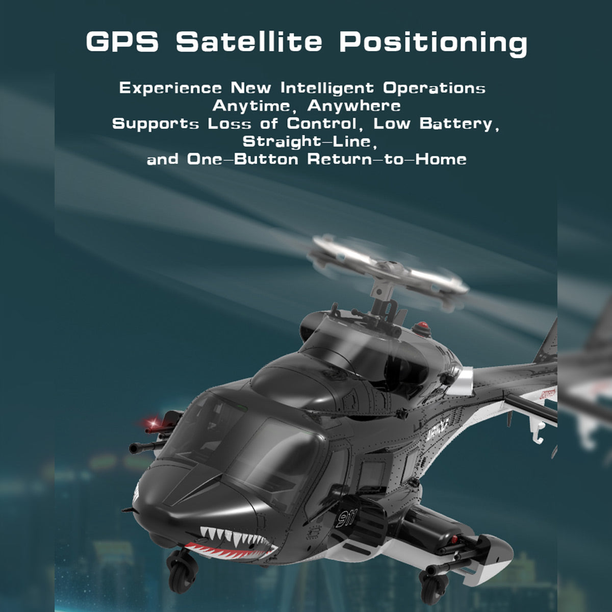 WOLFBUSH AW-911 Airwolf 1/34 Scale 2.4G 9CH Flybarless RC Helicopter Model with 6G/3D Stunt Mode and GPS Positioning (RTF Version/ Mode 1/Mode 2 Switchable)