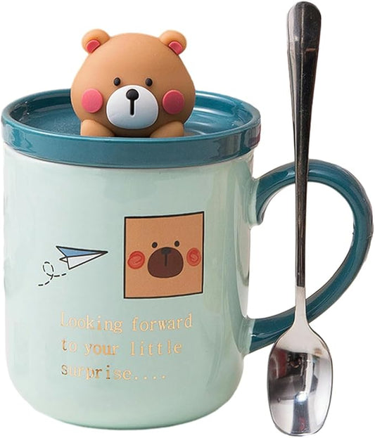 380ml/13oz Small Bear Ceramic Mug With Lid Spoon Home Office Couple Breakfast Coffee Cup-Beige Bear