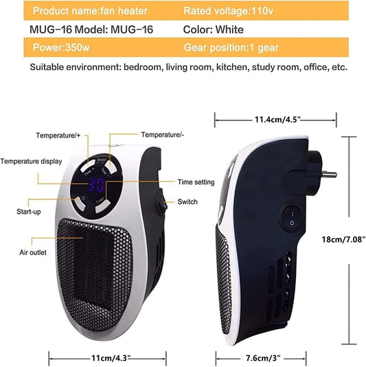 450W Mini Space Heater with Temperature Detection, Remote Wall Outlet, Adjustable Thermostat, Timer, and LED Display