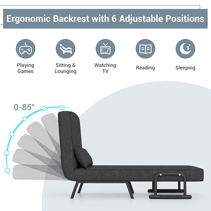 KOMFOTT Convertible Sleeper Chair Bed, 4-in-1 Folding Sofa Bed with 6-Position Adjustable Backrest, Upholstered Chaise Lounge with Removable Pillow, Leisure Recliner Lounge Couch