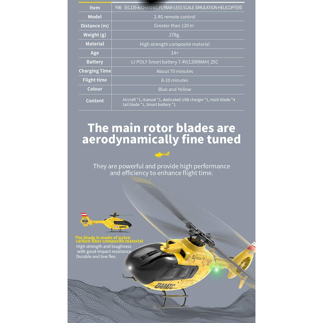 RC Helicopter, YU Xiang F06 1/36 Scale EC-135 2.4G 6CH RC Direct-Drive Brushless Helicopter