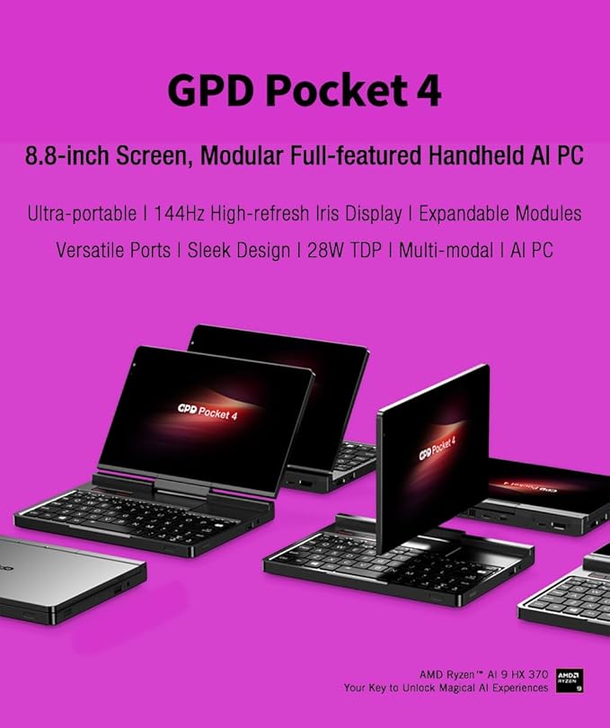 GPD Mini Notebook Pocket 4 with 8.8" Touchscreen, Aluminum Frame, UMPC, Windows 11 Home OS, AMD Ryzen AI 9 HX 370, 32GB/2TB (Amber Black)