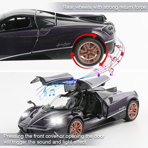 Collectible Blue Pagani Huayra Dinastia Toy Vehicle Pull Back Die-Cast Car Model with Lights and Sounds