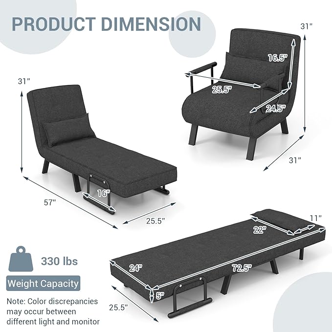 KOMFOTT Convertible Sleeper Chair Bed, 4-in-1 Folding Sofa Bed with 6-Position Adjustable Backrest, Upholstered Chaise Lounge with Removable Pillow, Leisure Recliner Lounge Couch