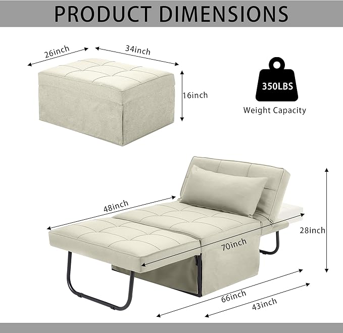 4 in 1 Multi-Function Folding Ottoman Breathable Linen Couch Bed with Adjustable Backrest Modern Convertible Chair