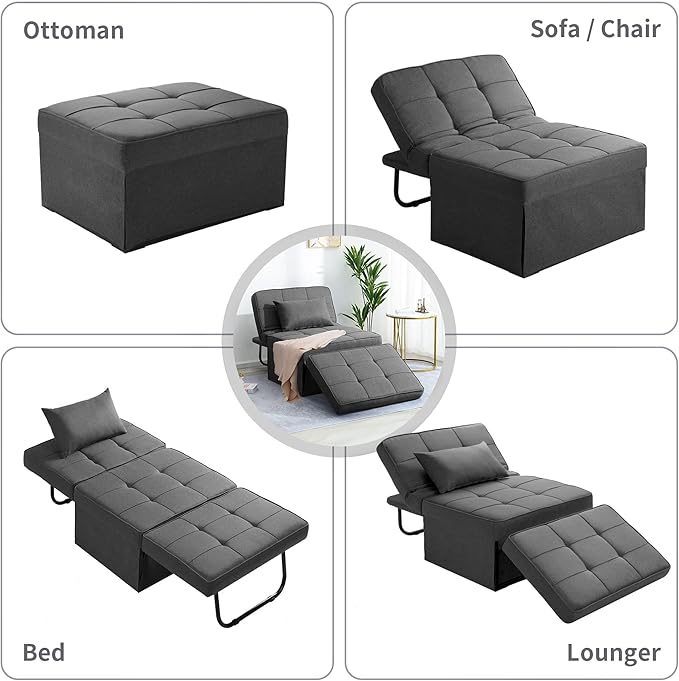 4 in 1 Multi-Function Folding Ottoman Breathable Linen Couch Bed with Adjustable Backrest Modern Convertible Chair