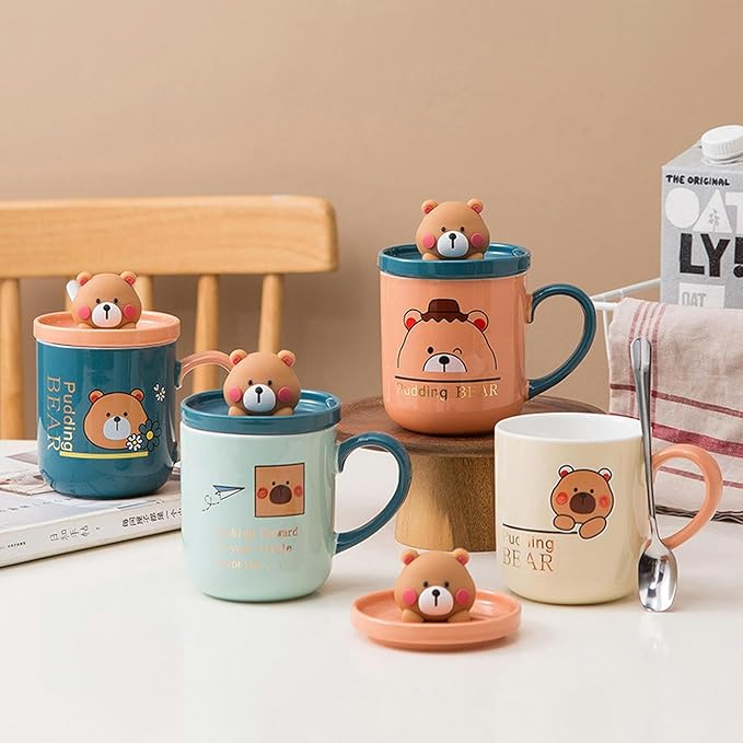 380ml/13oz Small Bear Ceramic Mug With Lid Spoon Home Office Couple Breakfast Coffee Cup-Beige Bear
