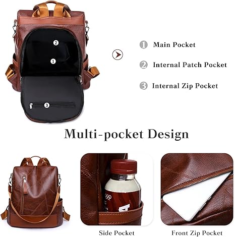 Anti-Theft Backpack Women Daypack Shoulder Bag Ladies Rucksack Waterproof PU Leather