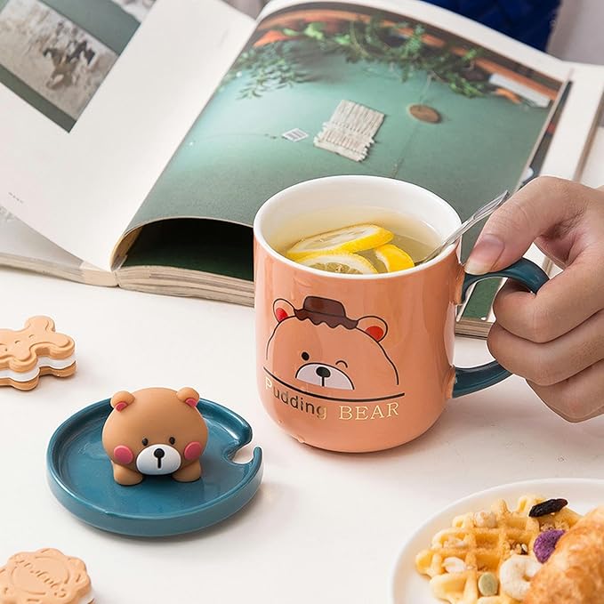 380ml/13oz Small Bear Ceramic Mug With Lid Spoon Home Office Couple Breakfast Coffee Cup-Beige Bear