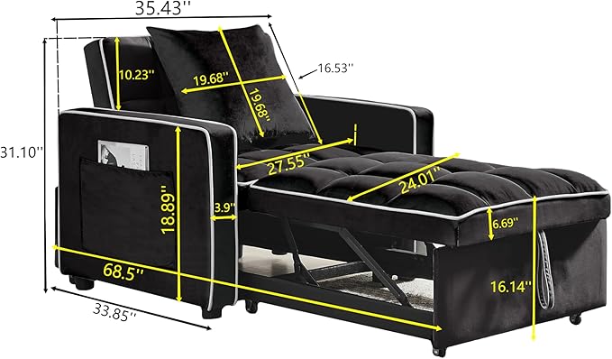 35 Inch Convertible Chair Bed,3-in-1 Adjustable Sleeper Chair Pullout Sofa Bed