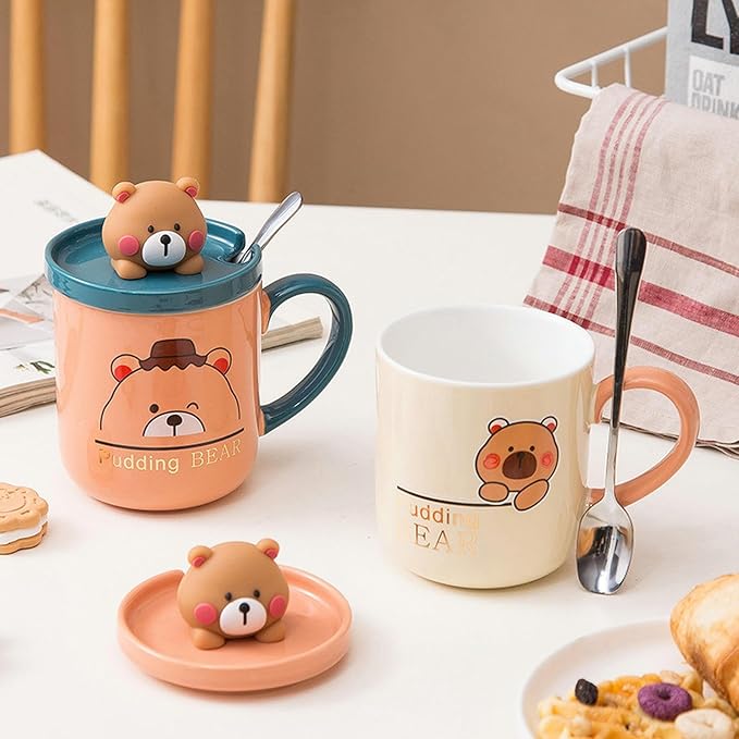380ml/13oz Small Bear Ceramic Mug With Lid Spoon Home Office Couple Breakfast Coffee Cup-Beige Bear