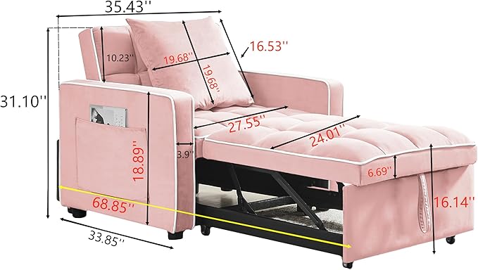 35 Inch Convertible Chair Bed,3-in-1 Adjustable Sleeper Chair Pullout Sofa Bed