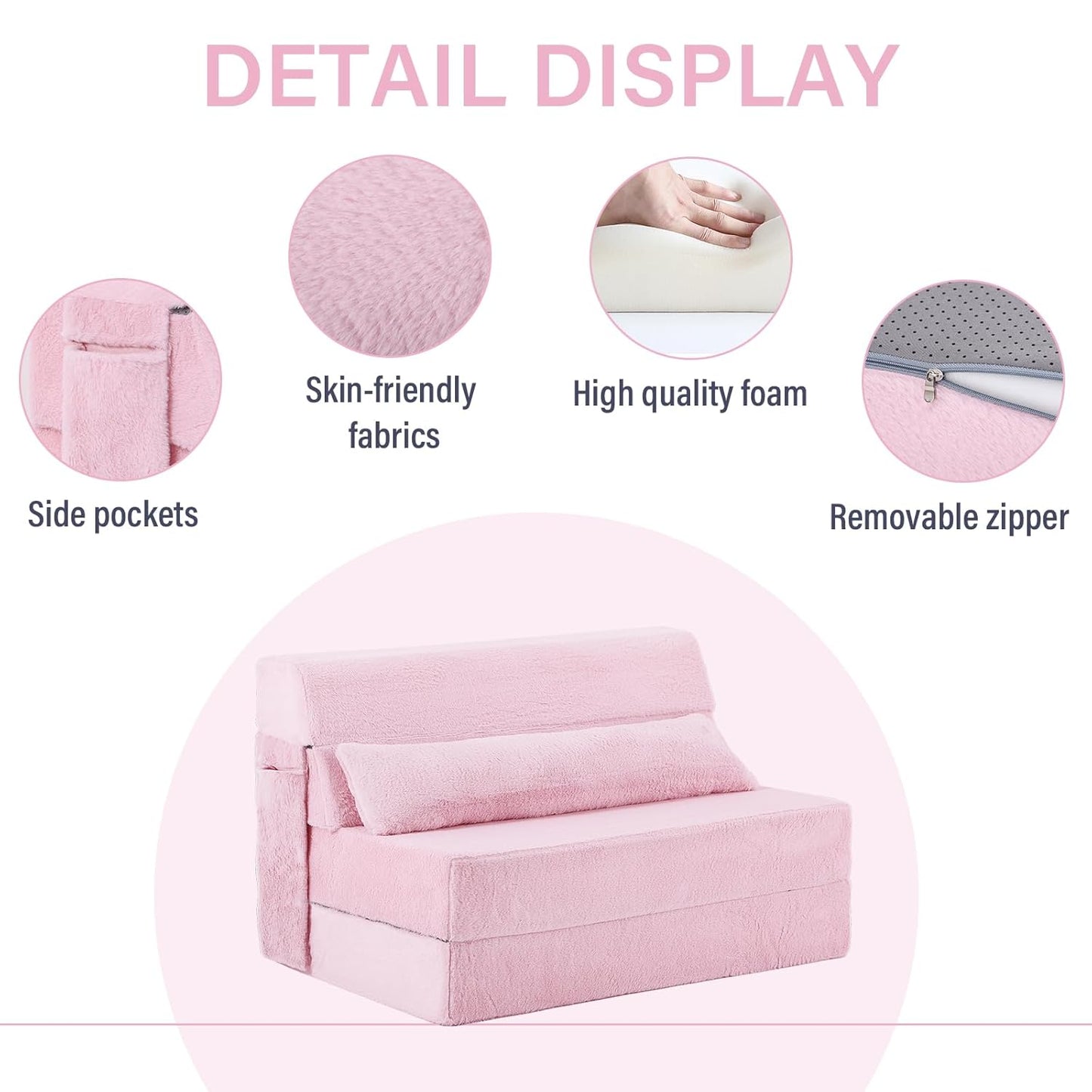 Folding Sofa Bed with Pillow Twin Size Mattress & Plush Fabric with Portable Storage Bag