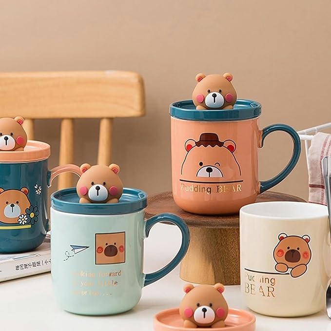 380ml/13oz Small Bear Ceramic Mug With Lid Spoon Home Office Couple Breakfast Coffee Cup-Beige Bear