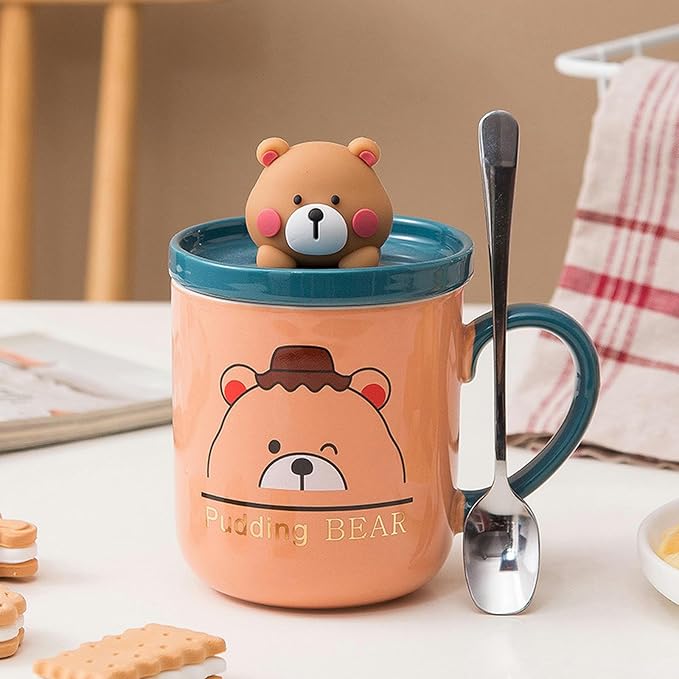 380ml/13oz Small Bear Ceramic Mug With Lid Spoon Home Office Couple Breakfast Coffee Cup-Beige Bear