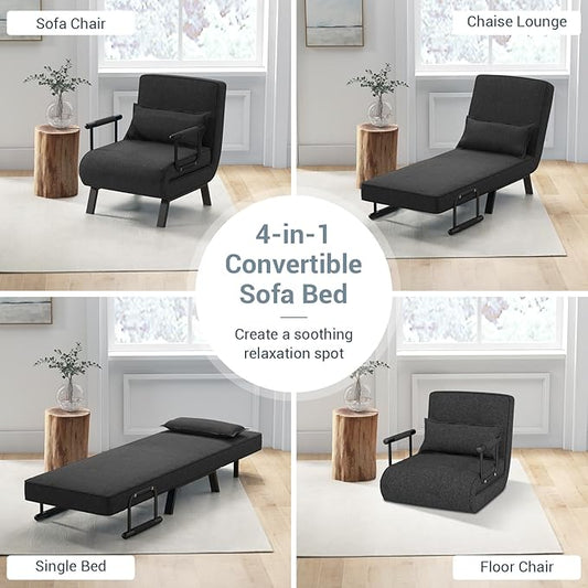 KOMFOTT Convertible Sleeper Chair Bed, 4-in-1 Folding Sofa Bed with 6-Position Adjustable Backrest, Upholstered Chaise Lounge with Removable Pillow, Leisure Recliner Lounge Couch