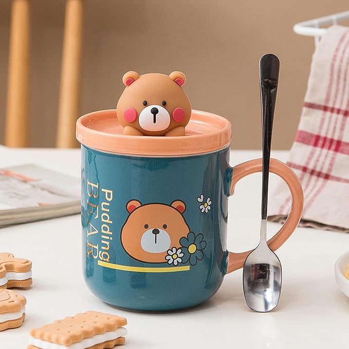 380ml/13oz Small Bear Ceramic Mug With Lid Spoon Home Office Couple Breakfast Coffee Cup-Beige Bear