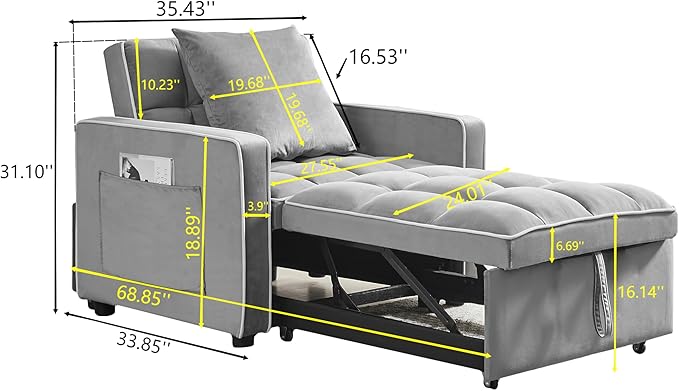 35 Inch Convertible Chair Bed,3-in-1 Adjustable Sleeper Chair Pullout Sofa Bed