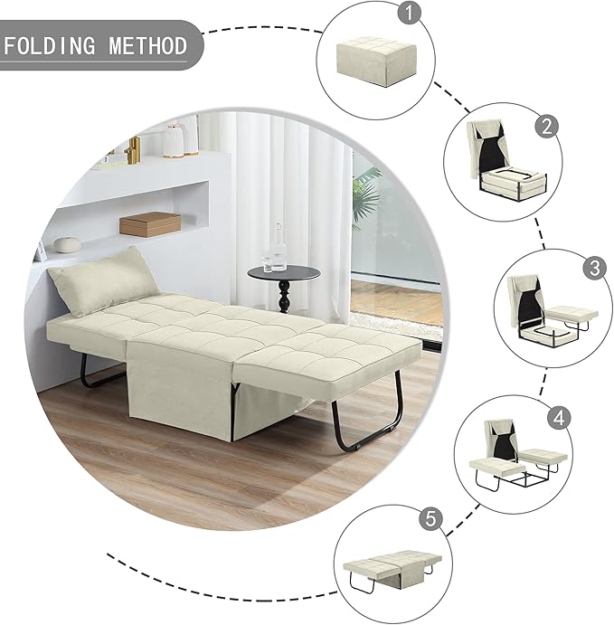 4 in 1 Multi-Function Folding Ottoman Breathable Linen Couch Bed with Adjustable Backrest Modern Convertible Chair