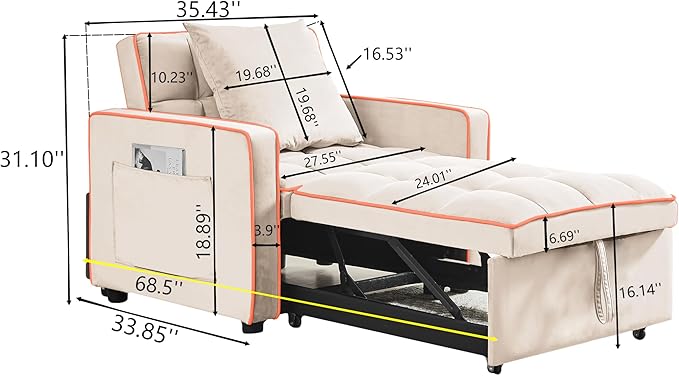 35 Inch Convertible Chair Bed,3-in-1 Adjustable Sleeper Chair Pullout Sofa Bed