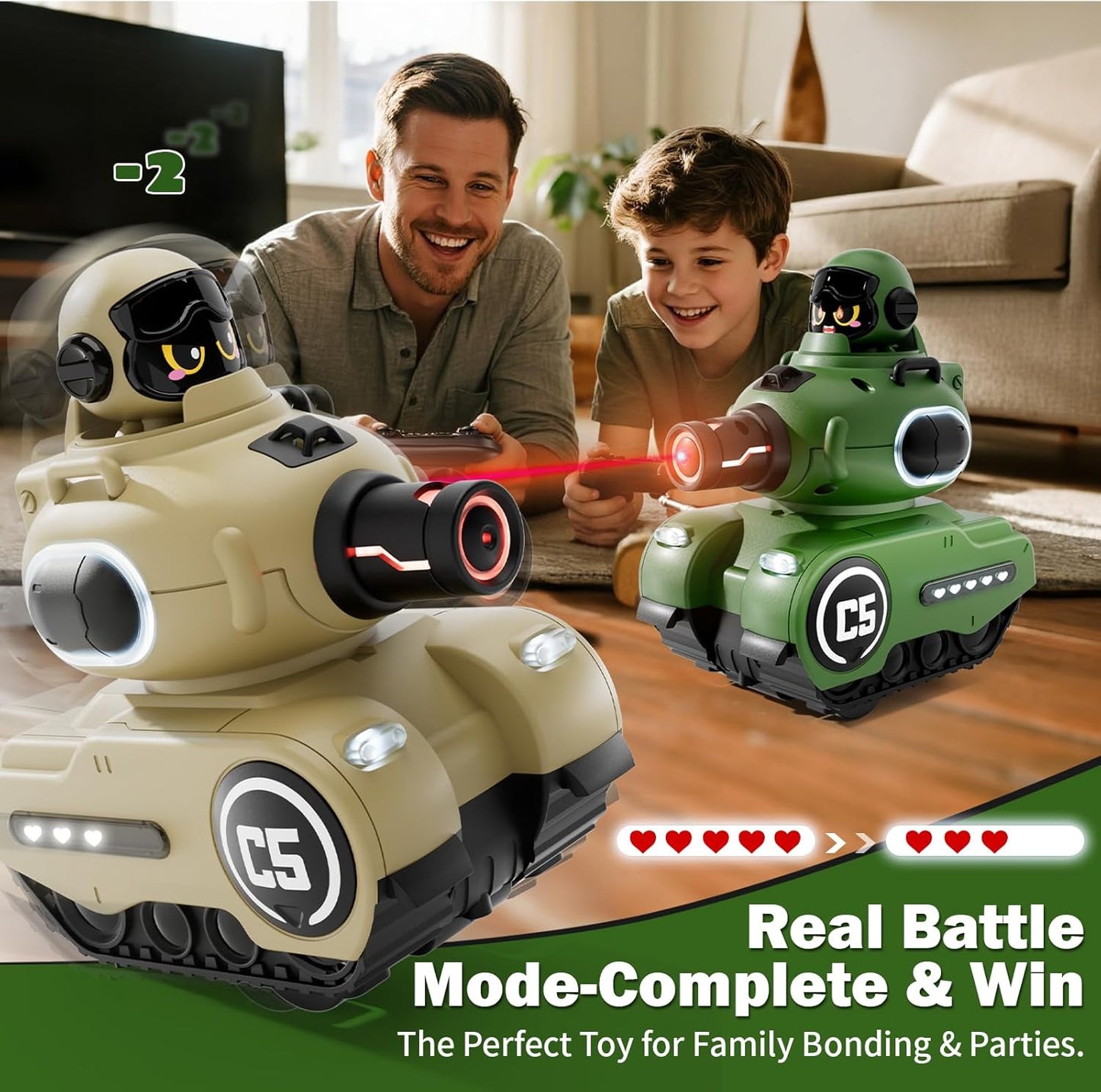2-pack set of cute cartoon remote-control battle tanks