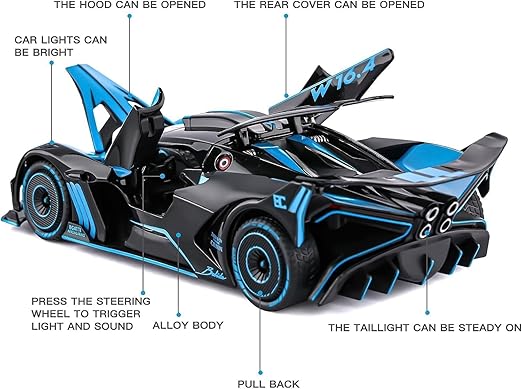 124 Diecast Bugatti Bolide Metal Pull Back Car with 6 Openable Doors & Sound Light Toy
