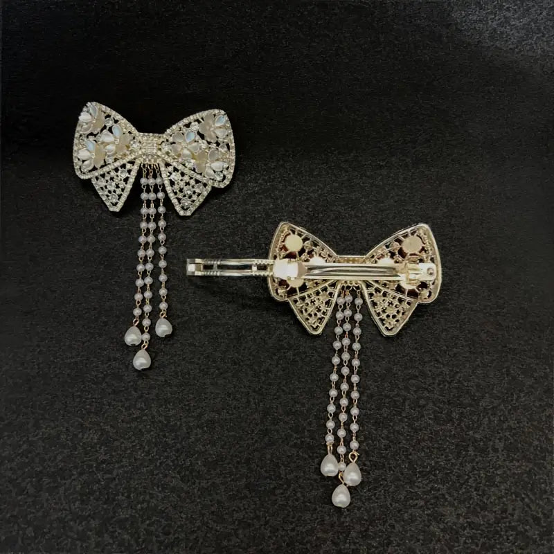 3 pc Bow & Roses Dangling Pearls Hair Clip