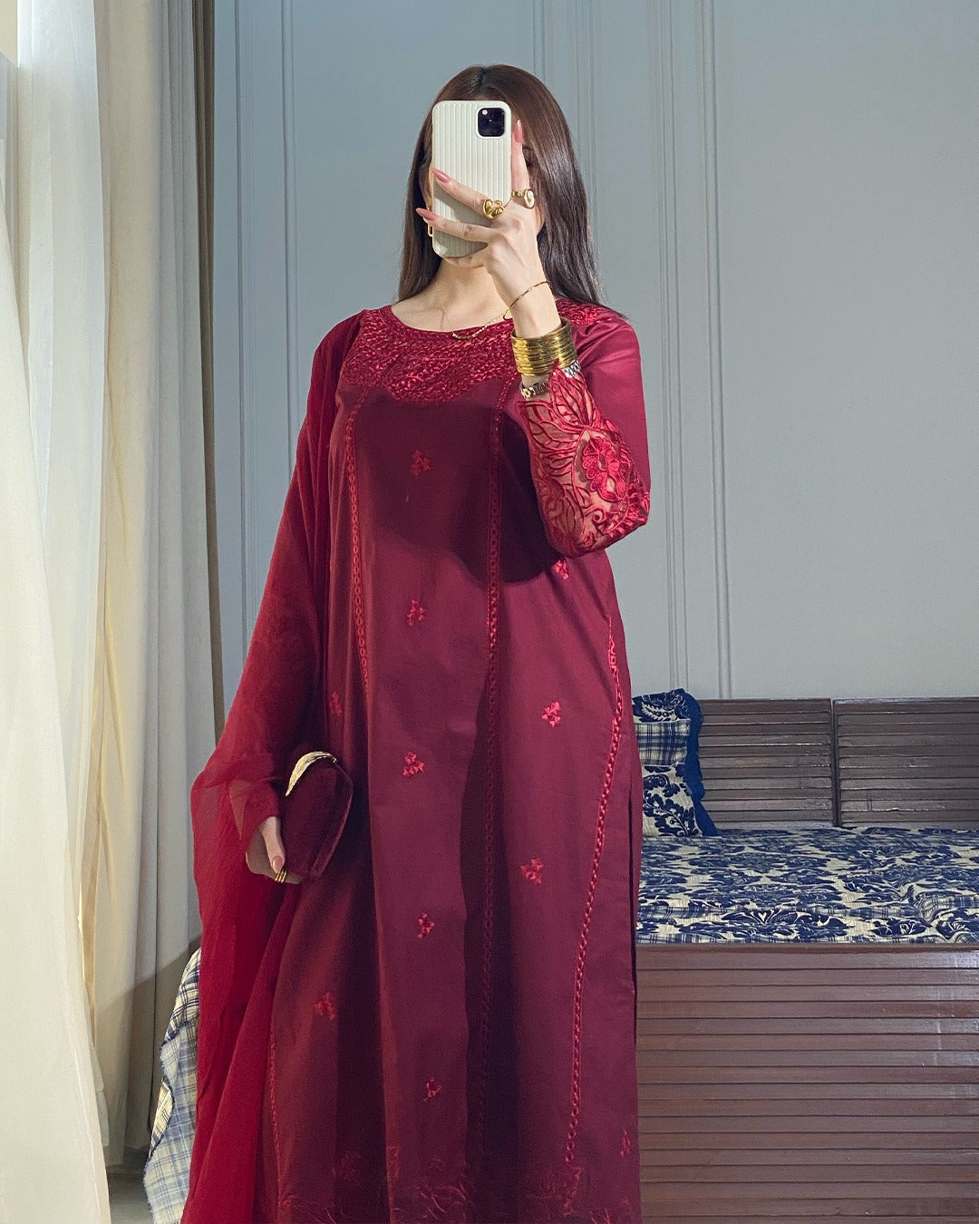 Chiffon Embroidered Dress - Majesty Wine