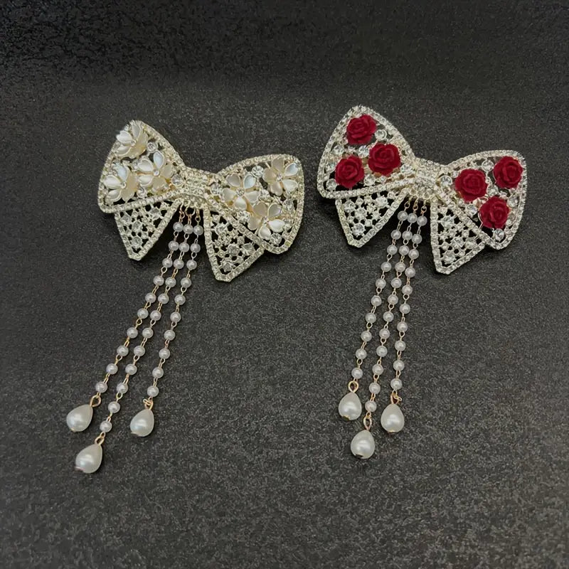 3 pc Bow & Roses Dangling Pearls Hair Clip