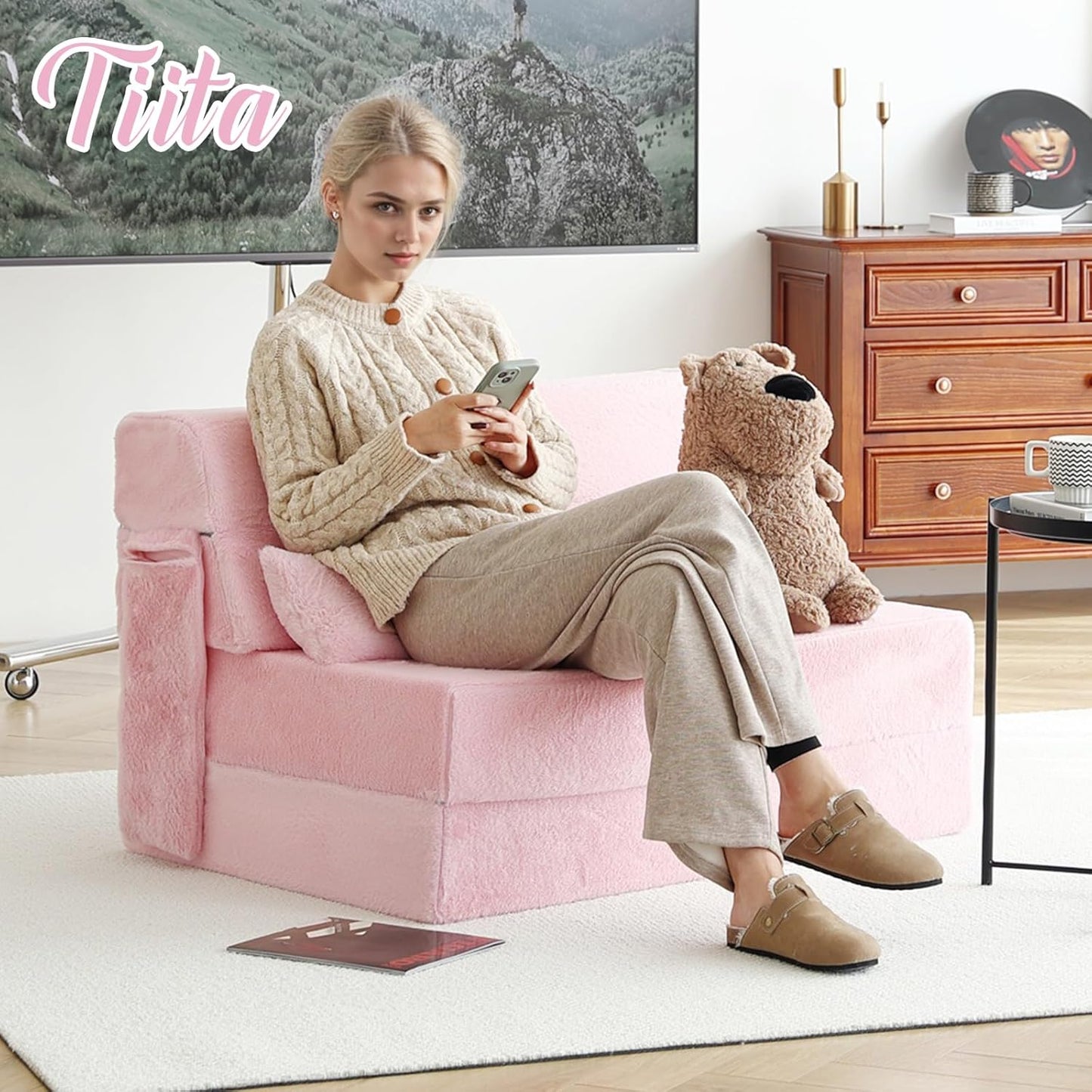 Folding Sofa Bed with Pillow Twin Size Mattress & Plush Fabric with Portable Storage Bag