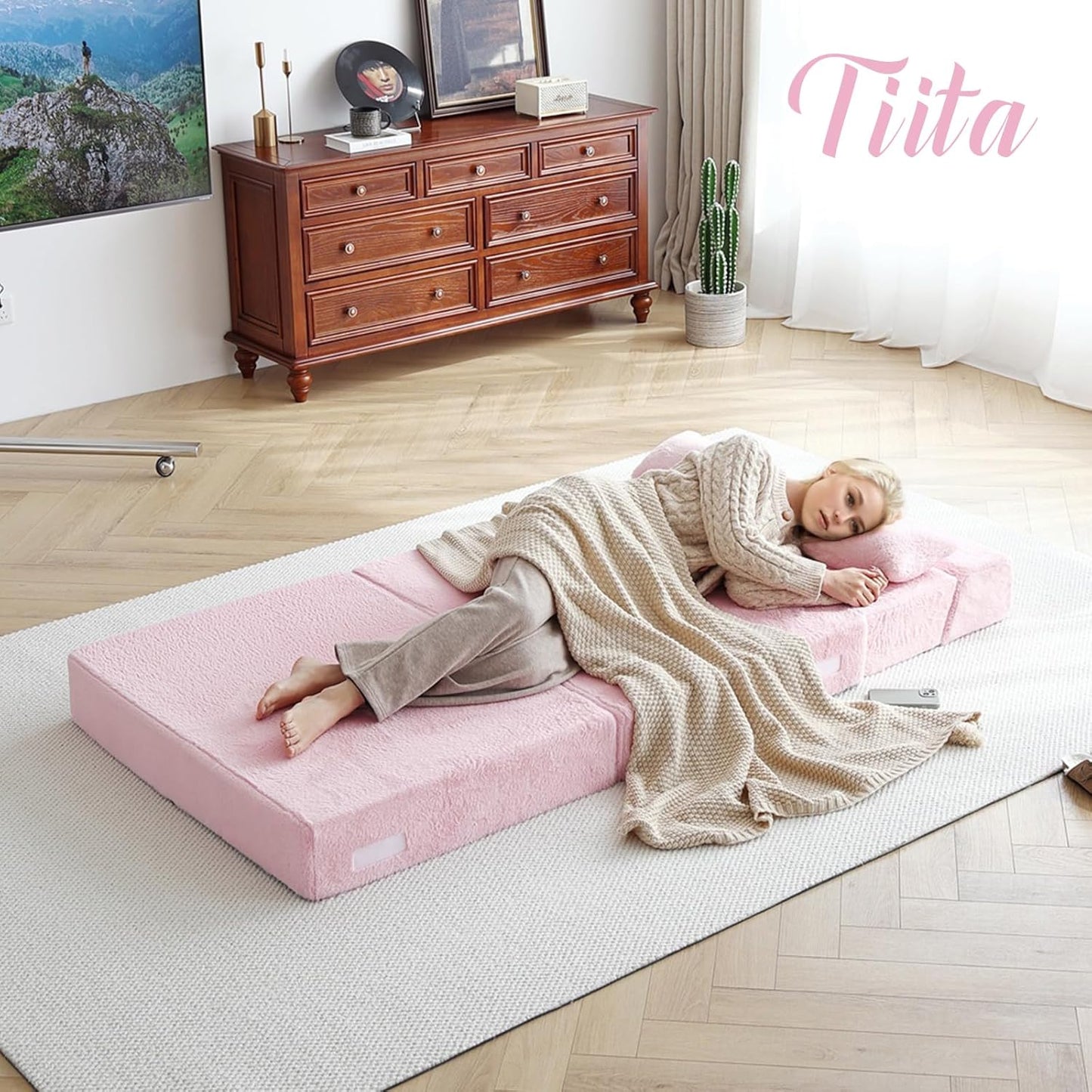 Folding Sofa Bed with Pillow Twin Size Mattress & Plush Fabric with Portable Storage Bag