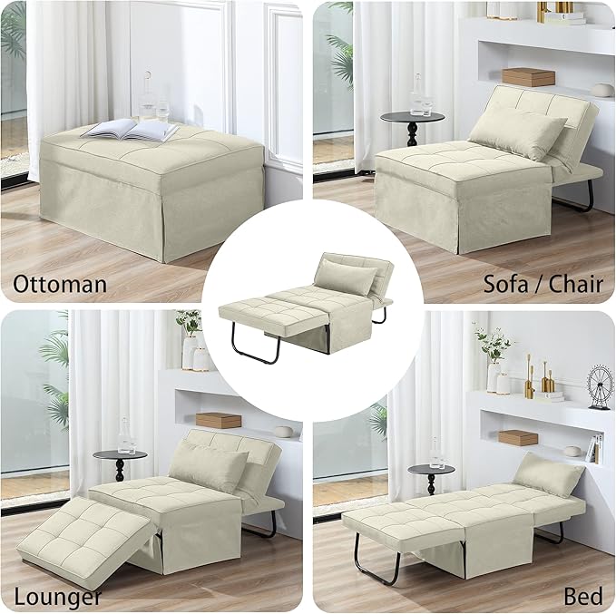 4 in 1 Multi-Function Folding Ottoman Breathable Linen Couch Bed with Adjustable Backrest Modern Convertible Chair