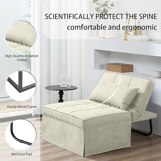 4 in 1 Multi-Function Folding Ottoman Breathable Linen Couch Bed with Adjustable Backrest Modern Convertible Chair