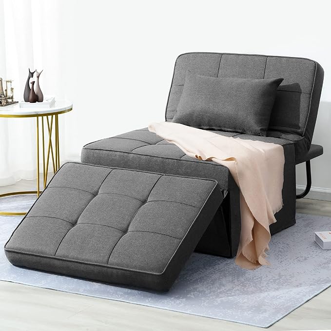 4 in 1 Multi-Function Folding Ottoman Breathable Linen Couch Bed with Adjustable Backrest Modern Convertible Chair