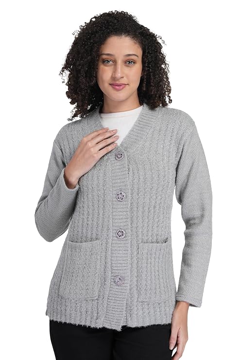 Women's Woolen V-Neck Buttoned Full Sleeve Cardigan