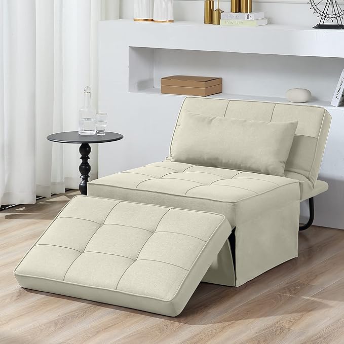 4 in 1 Multi-Function Folding Ottoman Breathable Linen Couch Bed with Adjustable Backrest Modern Convertible Chair