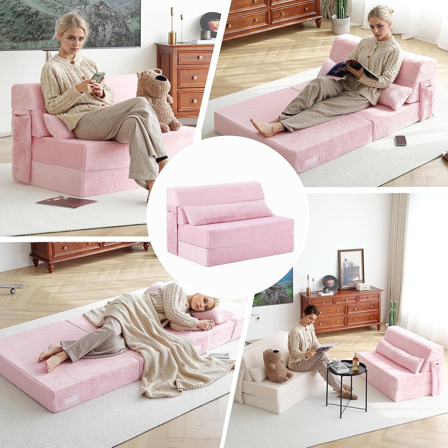 Folding Sofa Bed with Pillow Twin Size Mattress & Plush Fabric with Portable Storage Bag